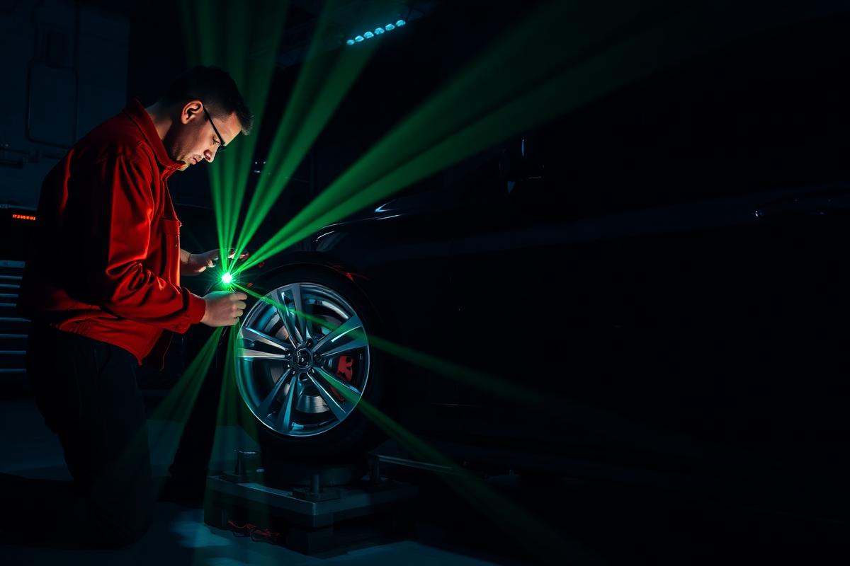 Technician performing wheel alignment